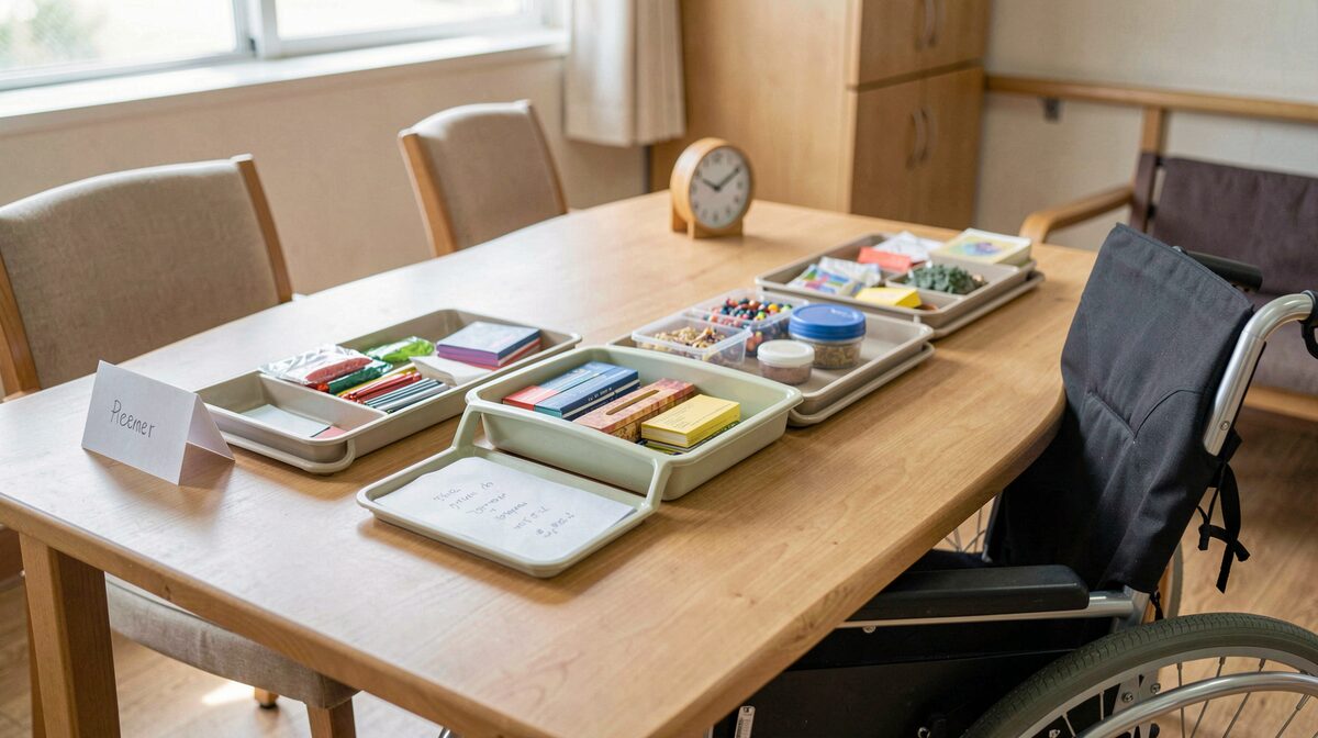 Een gedekte werktafel in een woonzorgcentrum bij daglicht: drie bakjes met materiaal naast elkaar, een rolstoelvrije rand, een papieren naamkaartje en een kleine klok, van schuin boven gefotografeerd.