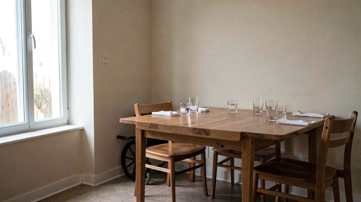 Een hoek van een eenvoudige eetzaal met een lange tafel langs de muur, rolstoelvrije doorgang aan de zijkant, zacht licht van links door een hoog raam, gedekte tafel met waterglazen en servetten, geen mensen in beeld.