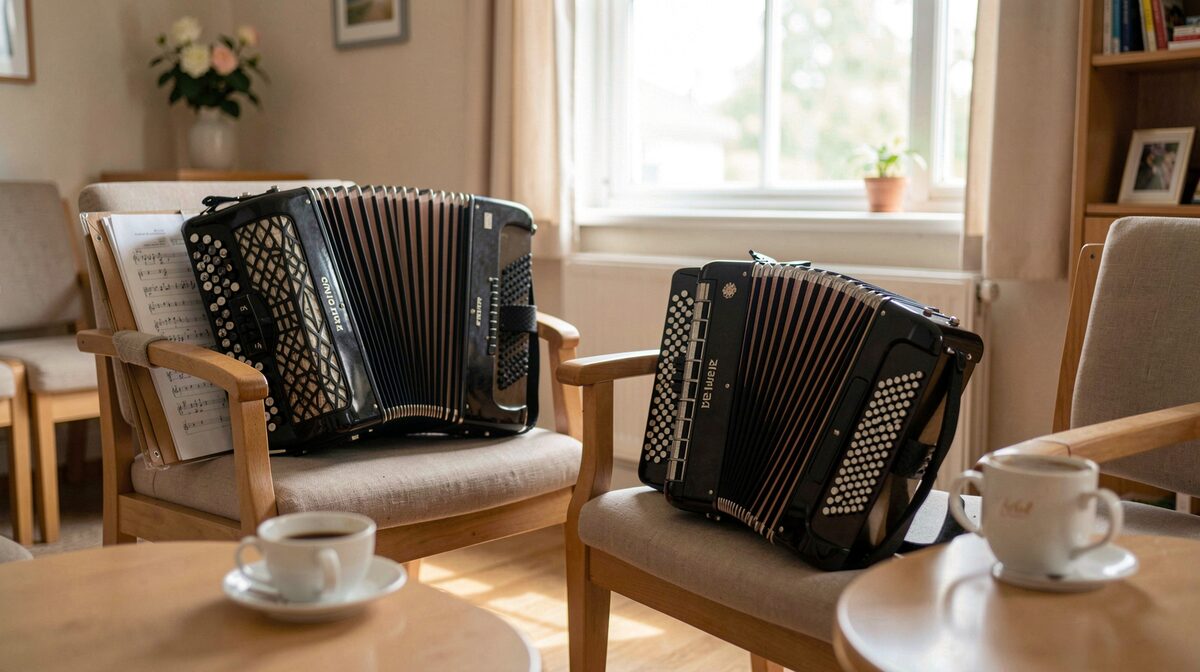 Een muziekkamer in een woonzorgcentrum bij daglicht, een accordeon op een stoel naast een map met liedjes, een halfvolle koffiekop op een tafel, zacht licht door een raam op de achtergrond, van opzij gefotografeerd.