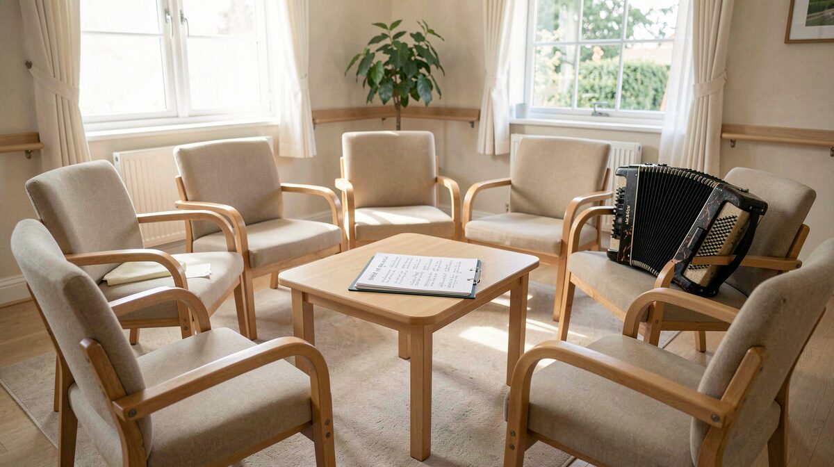 Een lichte huiskamer in een woonzorgcentrum, acht stoelen in een kring, op een tafel een map met groot gedrukte liedteksten, een accordeon op een stoel, zacht ochtendlicht door een raam, overzichtsfoto op ooghoogte.